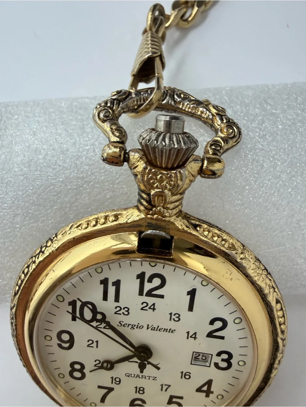 Vintage Sergio Valente Gold Tone Pocket Watch with Chain & Date